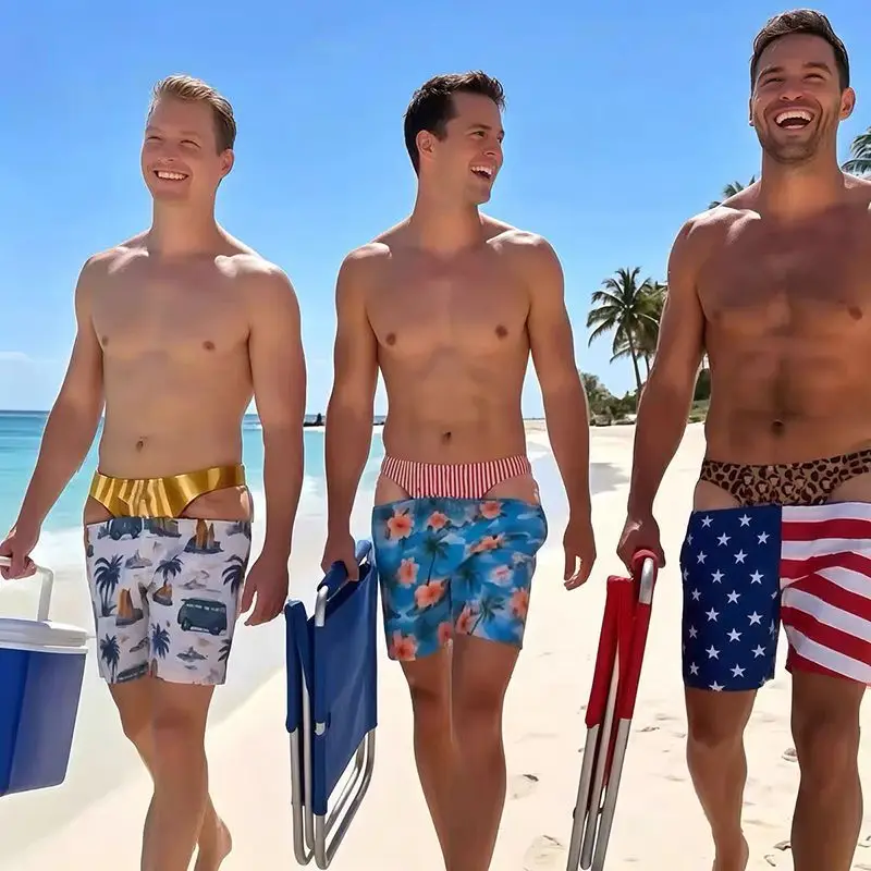 Men Funny Fake Two Piece Boardshorts Optical Illusion Thong Print Beach Shorts Novelty Hilarious Swim Trunks for Summer