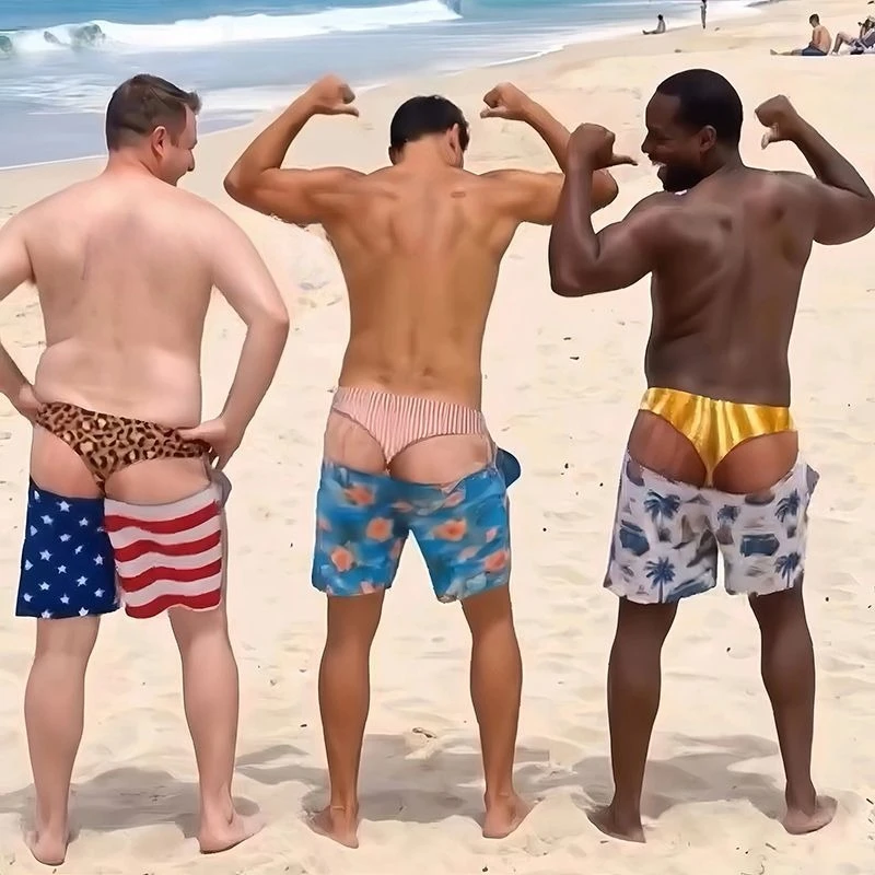 Men Funny Fake Two Piece Boardshorts Optical Illusion Thong Print Beach Shorts Novelty Hilarious Swim Trunks for Summer