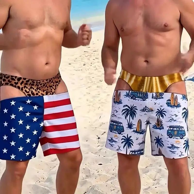Men Funny Fake Two Piece Boardshorts Optical Illusion Thong Print Beach Shorts Novelty Hilarious Swim Trunks for Summer