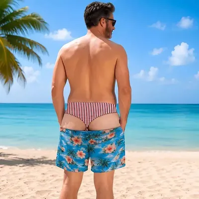 Men Funny Fake Two Piece Boardshorts Optical Illusion Thong Print Beach Shorts Novelty Hilarious Swim Trunks for Summer