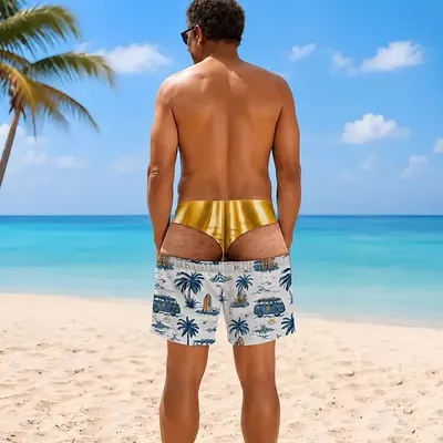 Men Funny Fake Two Piece Boardshorts Optical Illusion Thong Print Beach Shorts Novelty Hilarious Swim Trunks for Summer