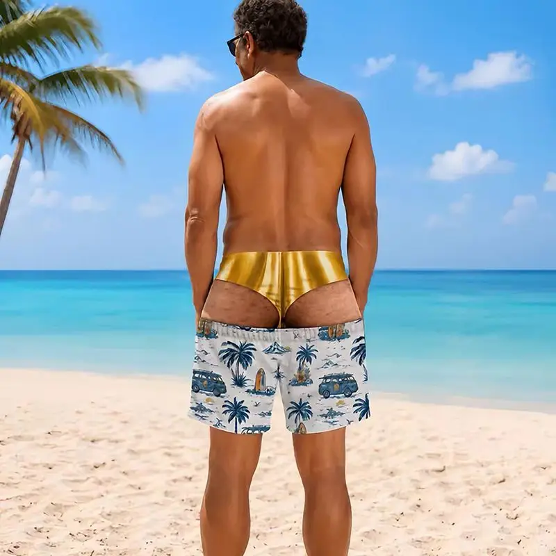 Men Funny Fake Two Piece Boardshorts Optical Illusion Thong Print Beach Shorts Novelty Hilarious Swim Trunks for Summer