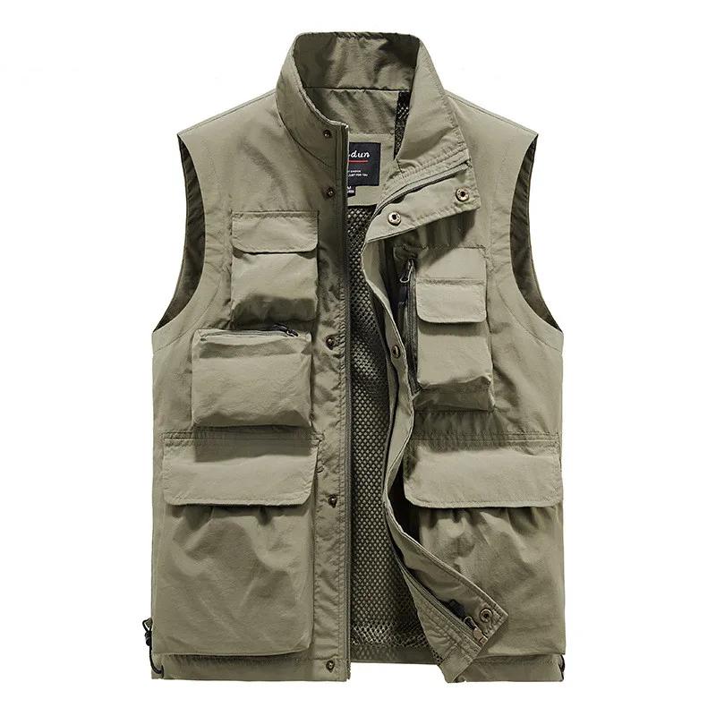 Men Outdoor Vest Multi-Pocket Solid Color Fishing Director Reporter Work Waistcoat Photography Casual Vest Jacket