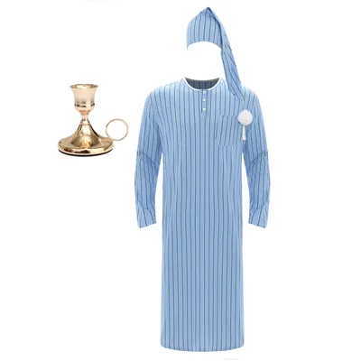 Men Pajama Set Long Sleeve Striped Soft Loose Sleep Robe Nightgown with Sleeping Cap Candlestick for Christmas Eve