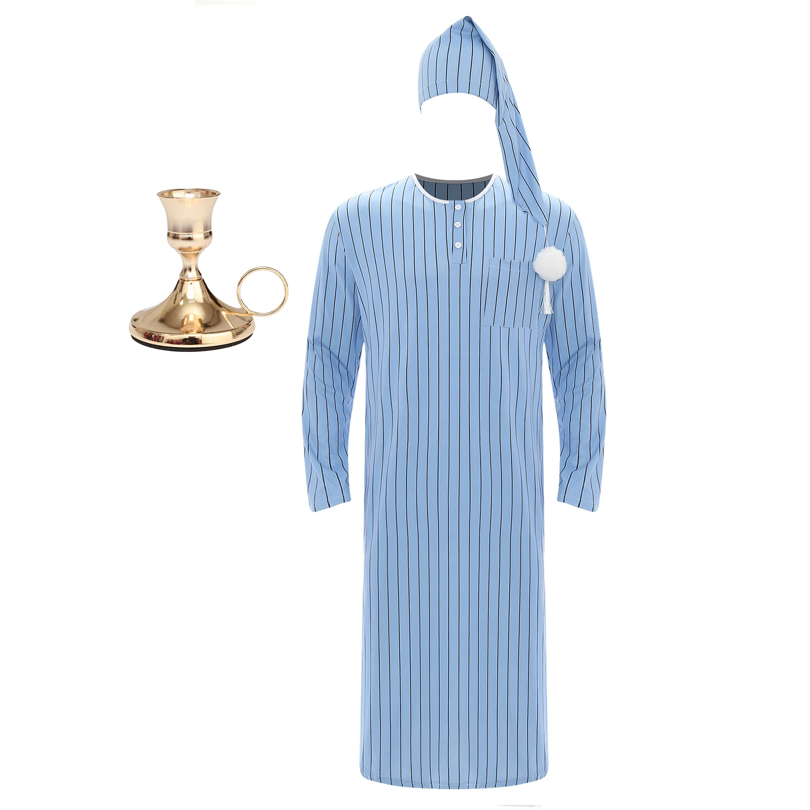 Men Pajama Set Long Sleeve Striped Soft Loose Sleep Robe Nightgown with Sleeping Cap Candlestick for Christmas Eve Men Pajama Set Long Sleeve Striped Soft Loose Sleep Robe Nightgown with Sleeping Cap Candlestick for Christmas Eve