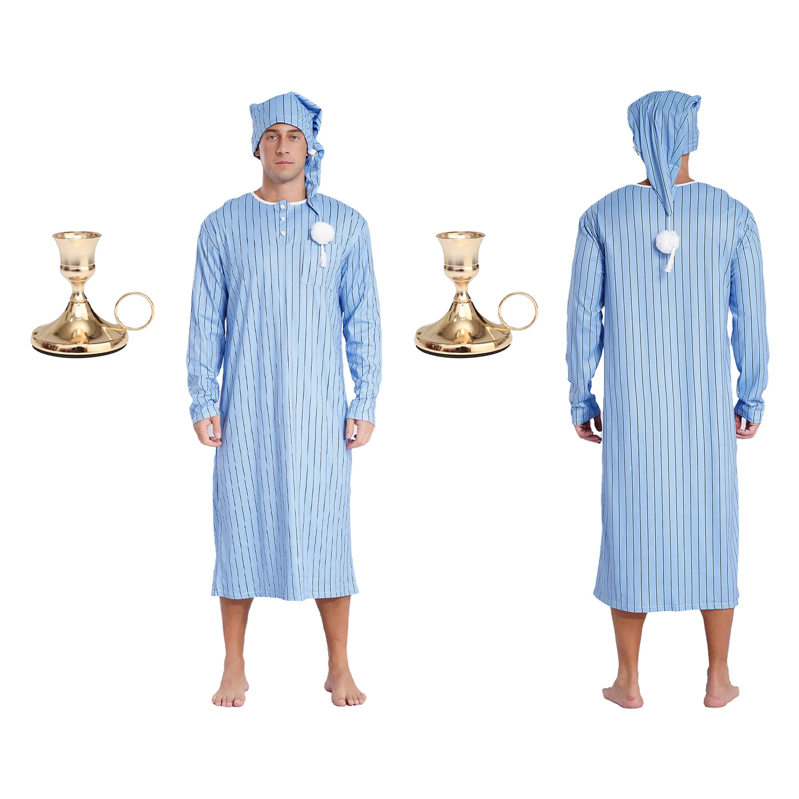Men Pajama Set Long Sleeve Striped Soft Loose Sleep Robe Nightgown with Sleeping Cap Candlestick for Christmas Eve