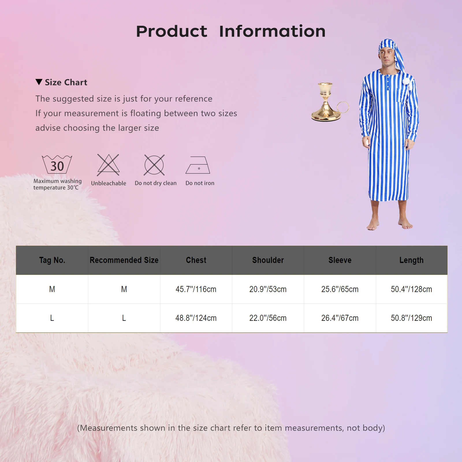 Men Pajama Set Long Sleeve Striped Soft Loose Sleep Robe Nightgown with Sleeping Cap Candlestick for Christmas Eve