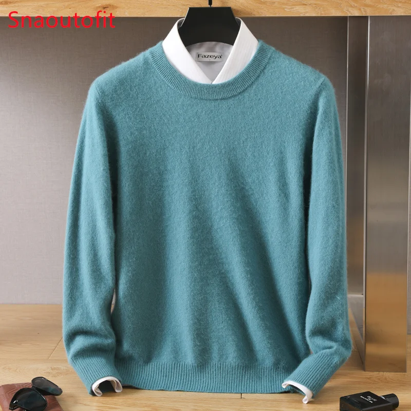 Men's 100% Pure Mink Cashmere Sweater O-Neck Pullovers Knit Sweater Autumn and Winter New Long Sleeve High-End Jumpers
