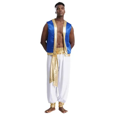 Mens Adult Arabian Prince Costume Aladin Captain Cosplay Outfits Man Shiny Trim Open Front Glitter Vest with Belted