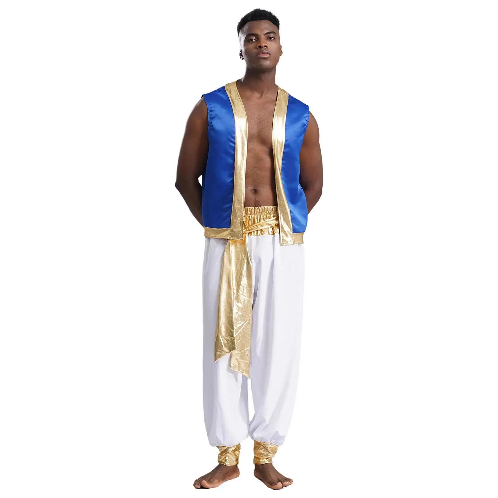 Mens Adult Arabian Prince Costume Aladin Captain Cosplay Outfits Man Shiny Trim Open Front Glitter Vest with Belted Mens Adult Arabian Prince Costume Aladin Captain Cosplay Outfits Man Shiny Trim Open Front Glitter Vest with Belted