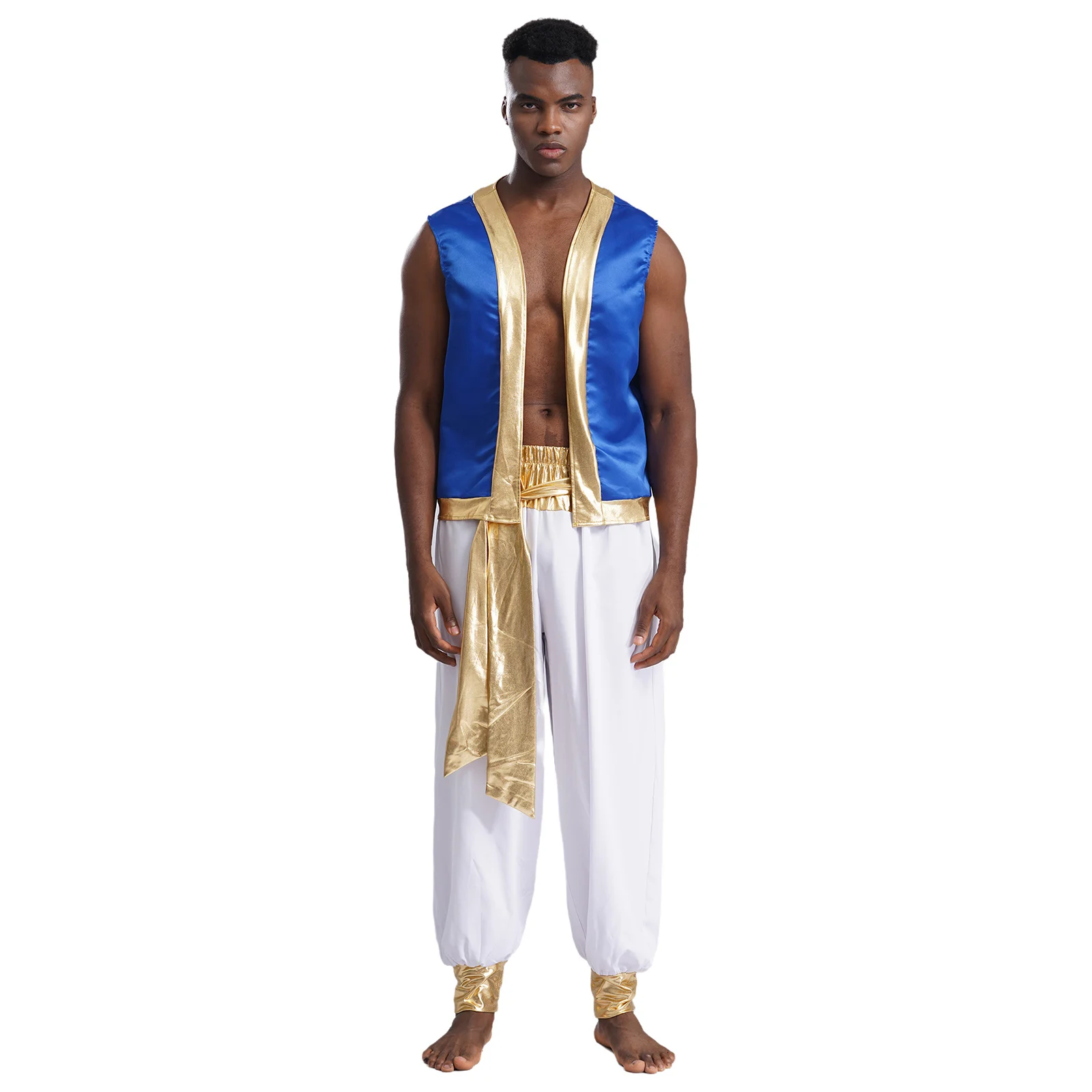 Mens Adult Arabian Prince Costume Aladin Captain Cosplay Outfits Man Shiny Trim Open Front Glitter Vest with Belted