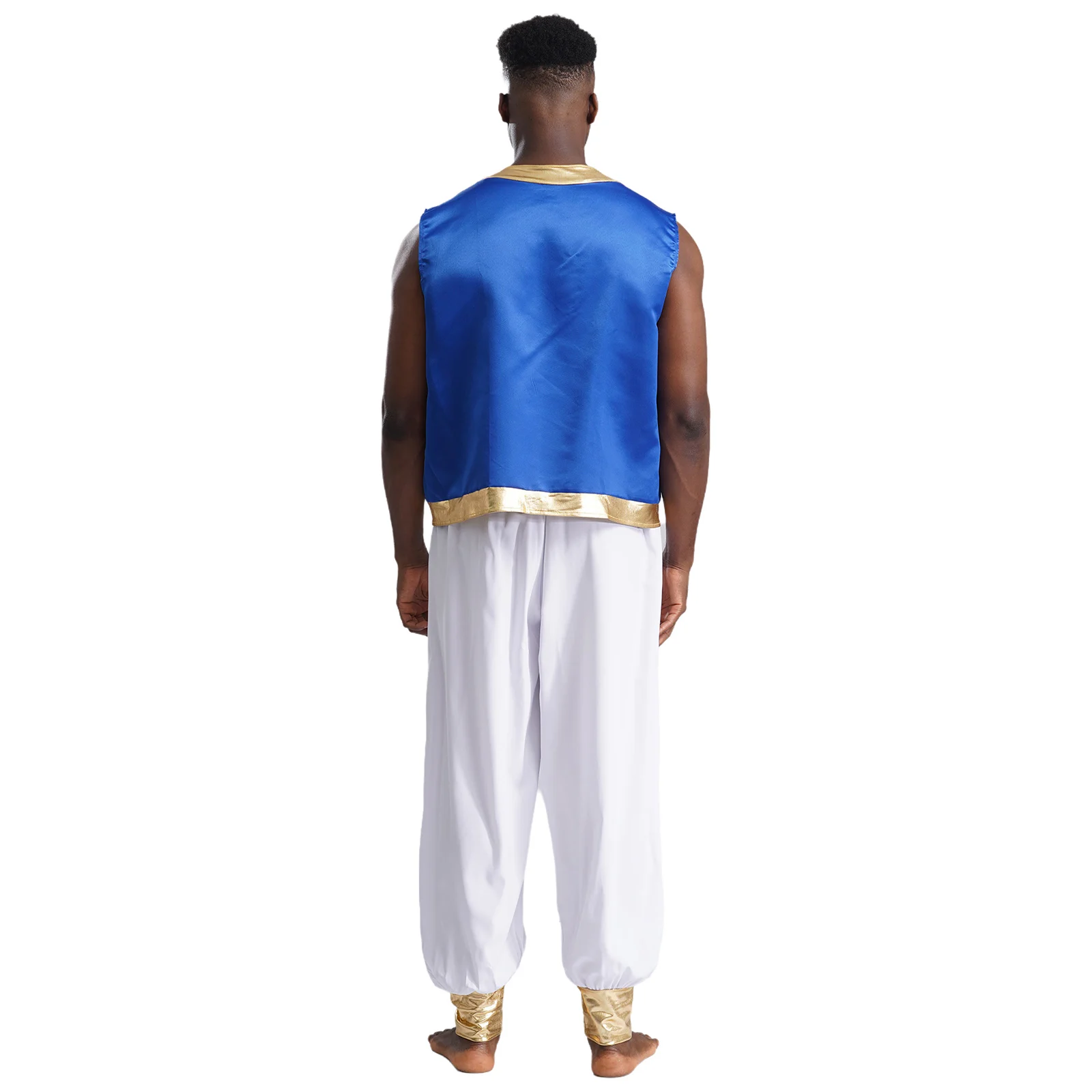 Mens Adult Arabian Prince Costume Aladin Captain Cosplay Outfits Man Shiny Trim Open Front Glitter Vest with Belted