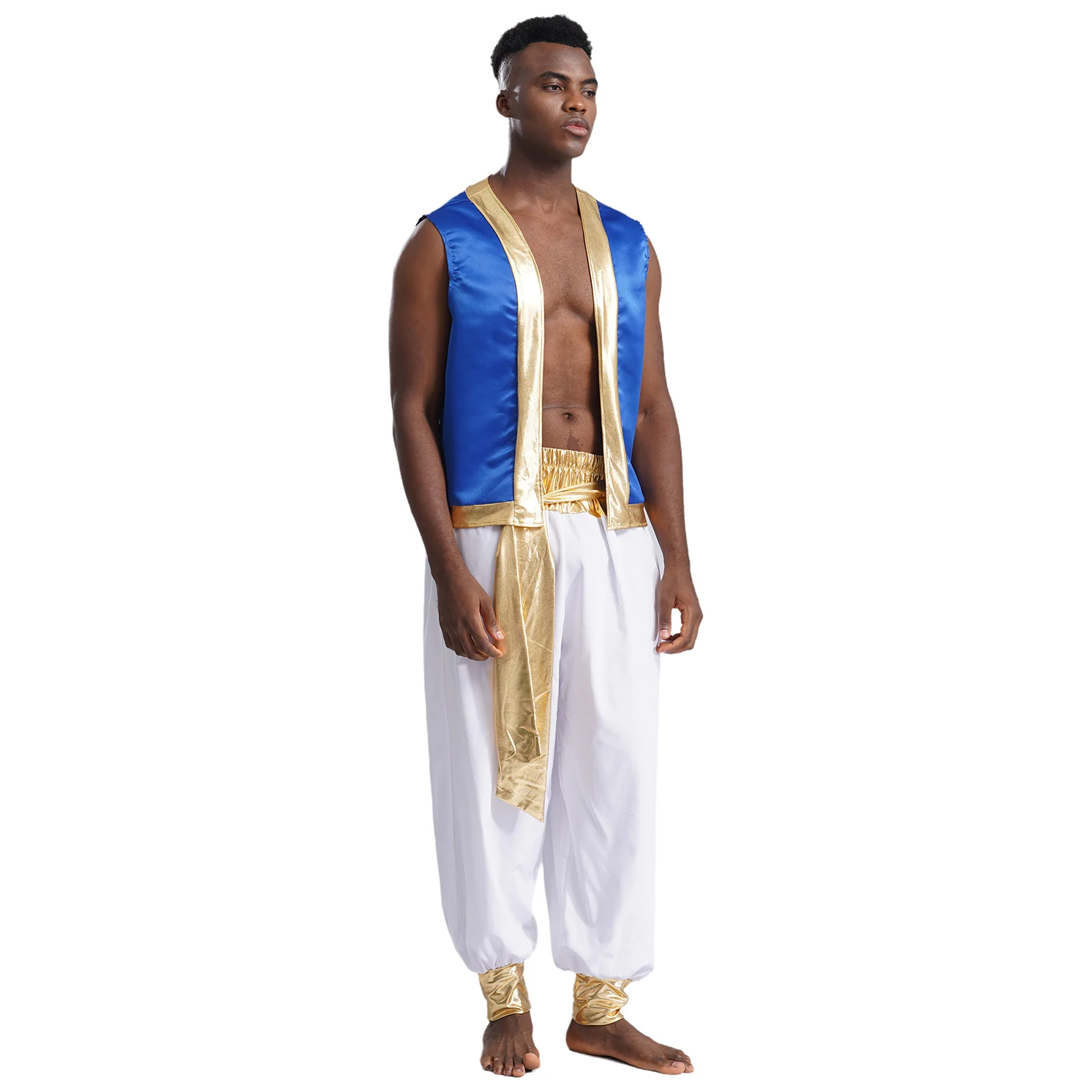 Mens Adult Arabian Prince Costume Aladin Captain Cosplay Outfits Man Shiny Trim Open Front Glitter Vest with Belted
