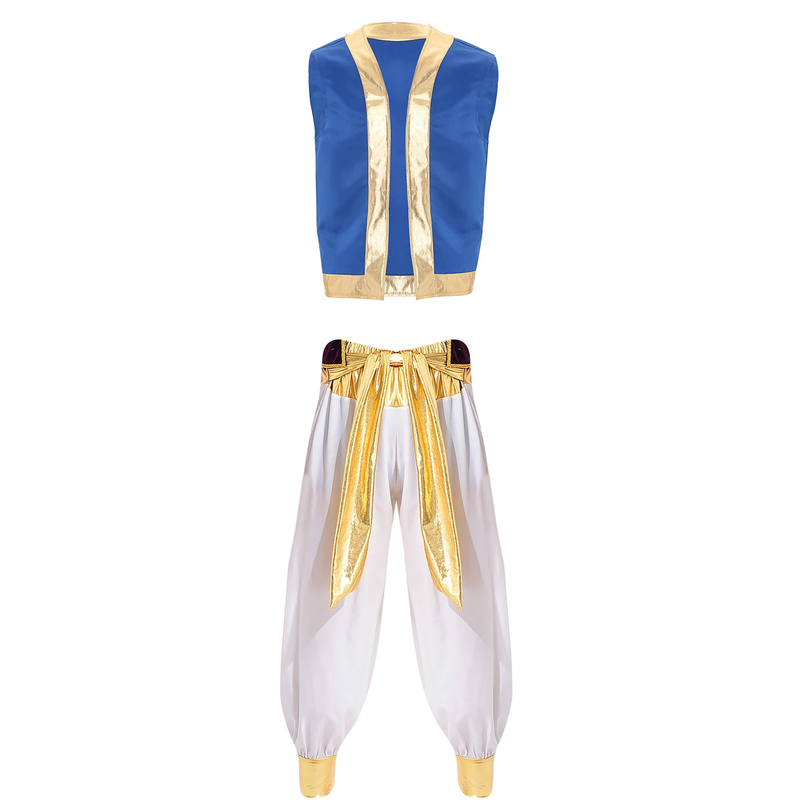 Mens Adult Arabian Prince Costume Aladin Captain Cosplay Outfits Man Shiny Trim Open Front Glitter Vest with Belted