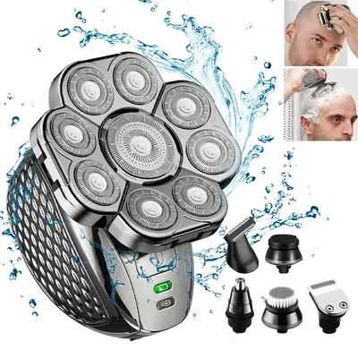 Men's Bald Head Electric Shaver 9 Blades Floating 6In1 Heads Beard Nose Ear Hair Trimmer Clipper Facial Brush