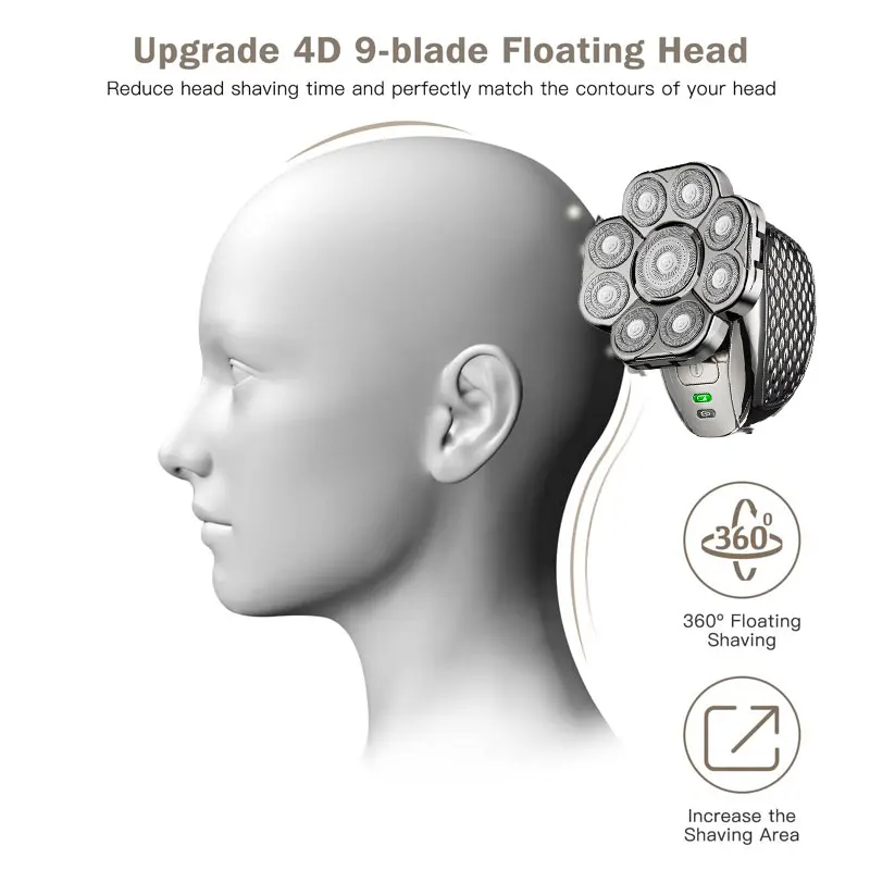 Men's Bald Head Electric Shaver 9 Blades Floating 6In1 Heads Beard Nose Ear Hair Trimmer Clipper Facial Brush