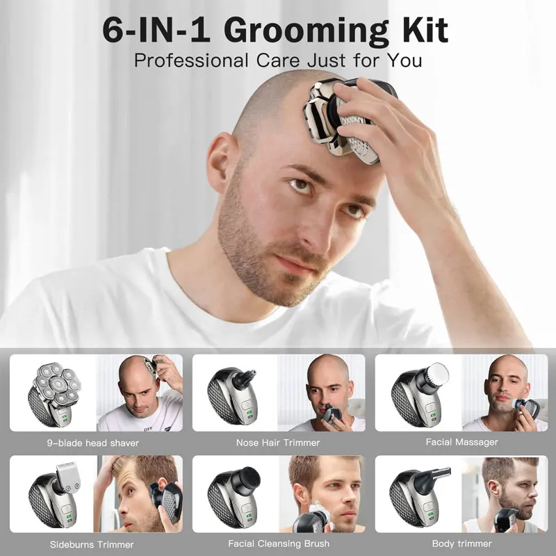 Men's Bald Head Electric Shaver 9 Blades Floating 6In1 Heads Beard Nose Ear Hair Trimmer Clipper Facial Brush