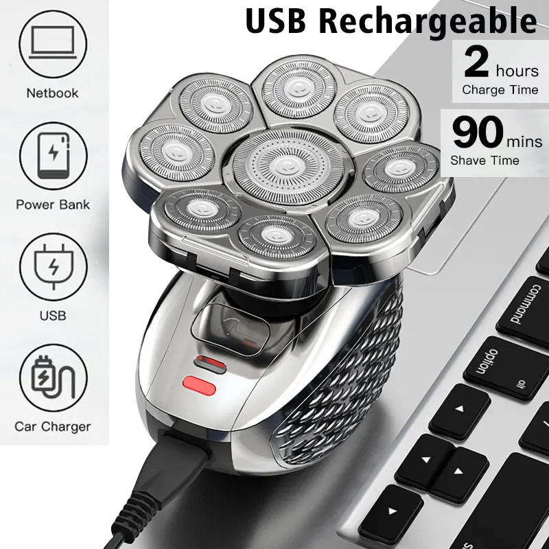 Men's Bald Head Electric Shaver 9 Blades Floating 6In1 Heads Beard Nose Ear Hair Trimmer Clipper Facial Brush