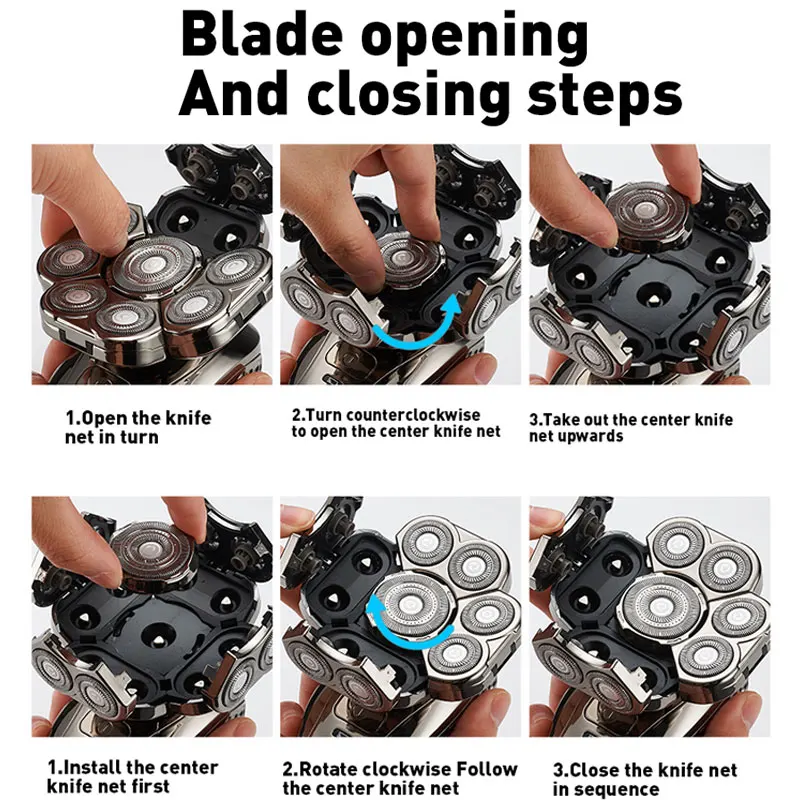 Men's Bald Head Electric Shaver 9 Blades Floating 6In1 Heads Beard Nose Ear Hair Trimmer Clipper Facial Brush