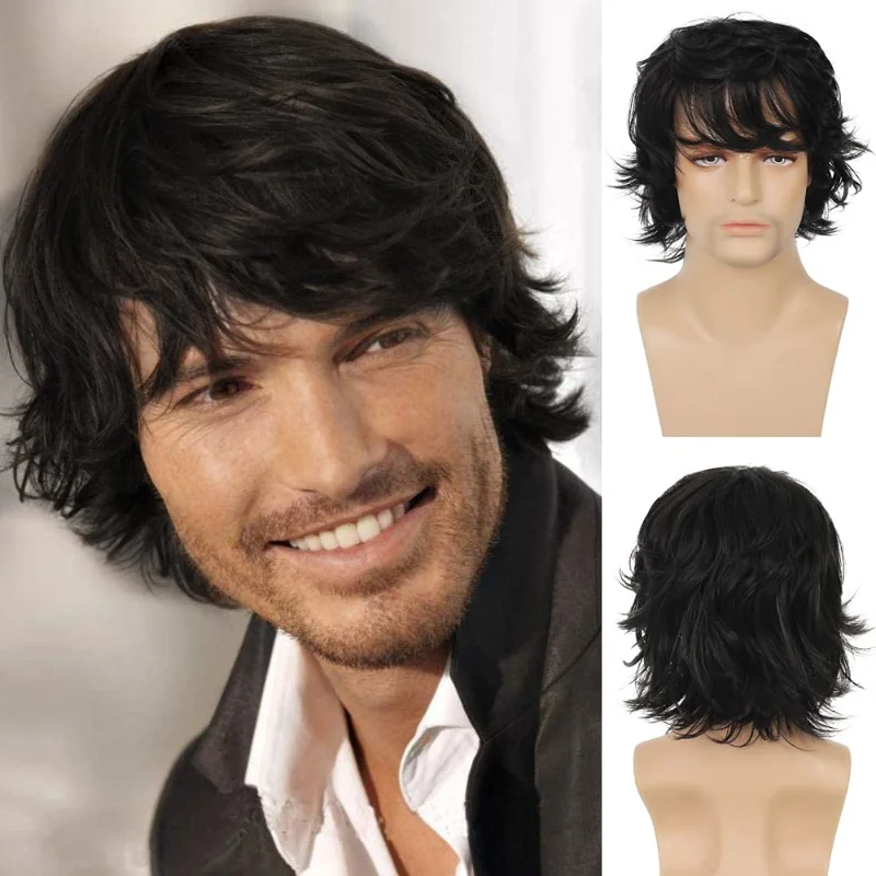 Men's Black Wig Short Natural Fluffy Wig Synthetic Heat-Resistant Halloween Role-Playing Wig
