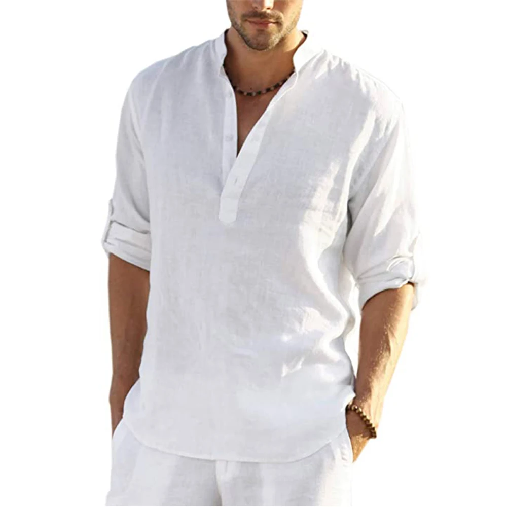 Men's Casual Blouse Cotton Linen Shirt Loose Tops Long Sleeve Tee Shirt Spring Autumn Casual Handsome Men's Shirts