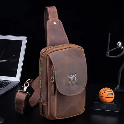 Men's Crossbody Bags Crazy Horse Leather Chest Bag's Leather Crossbody Bages Retro Men's Zip Pocket Short Travel Bag