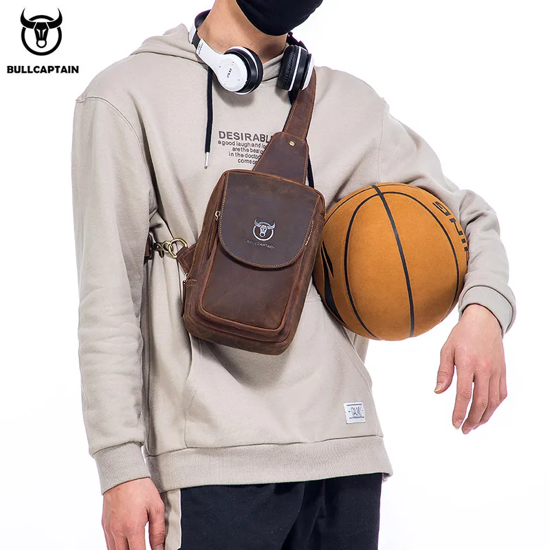 Men's Crossbody Bags Crazy Horse Leather Chest Bag's Leather Crossbody Bages Retro Men's Zip Pocket Short Travel Bag
