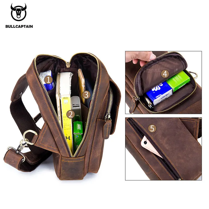 Men's Crossbody Bags Crazy Horse Leather Chest Bag's Leather Crossbody Bages Retro Men's Zip Pocket Short Travel Bag