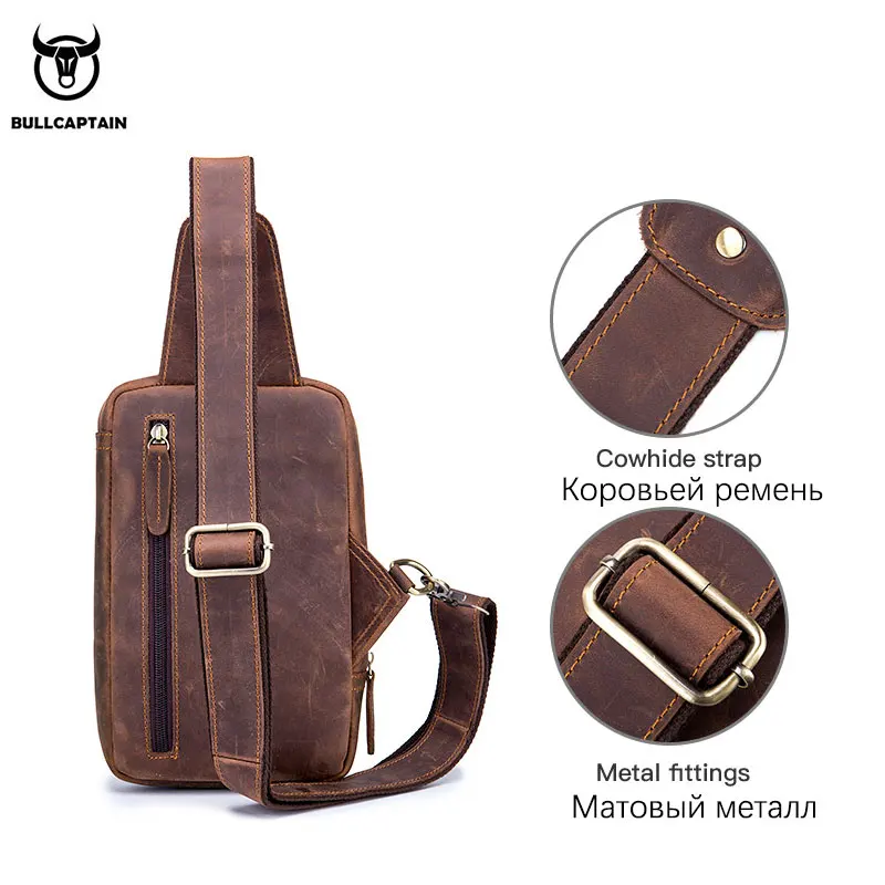 Men's Crossbody Bags Crazy Horse Leather Chest Bag's Leather Crossbody Bages Retro Men's Zip Pocket Short Travel Bag
