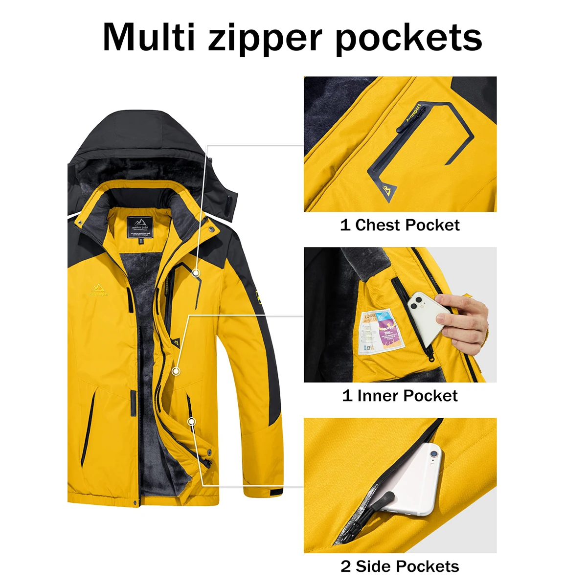 Men's Hooded Fleece Ski Jacket Waterproof Thermal Thick Warm Parka Coats Winter Snow Jacket