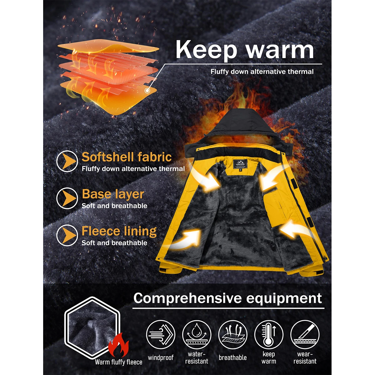 Men's Hooded Fleece Ski Jacket Waterproof Thermal Thick Warm Parka Coats Winter Snow Jacket