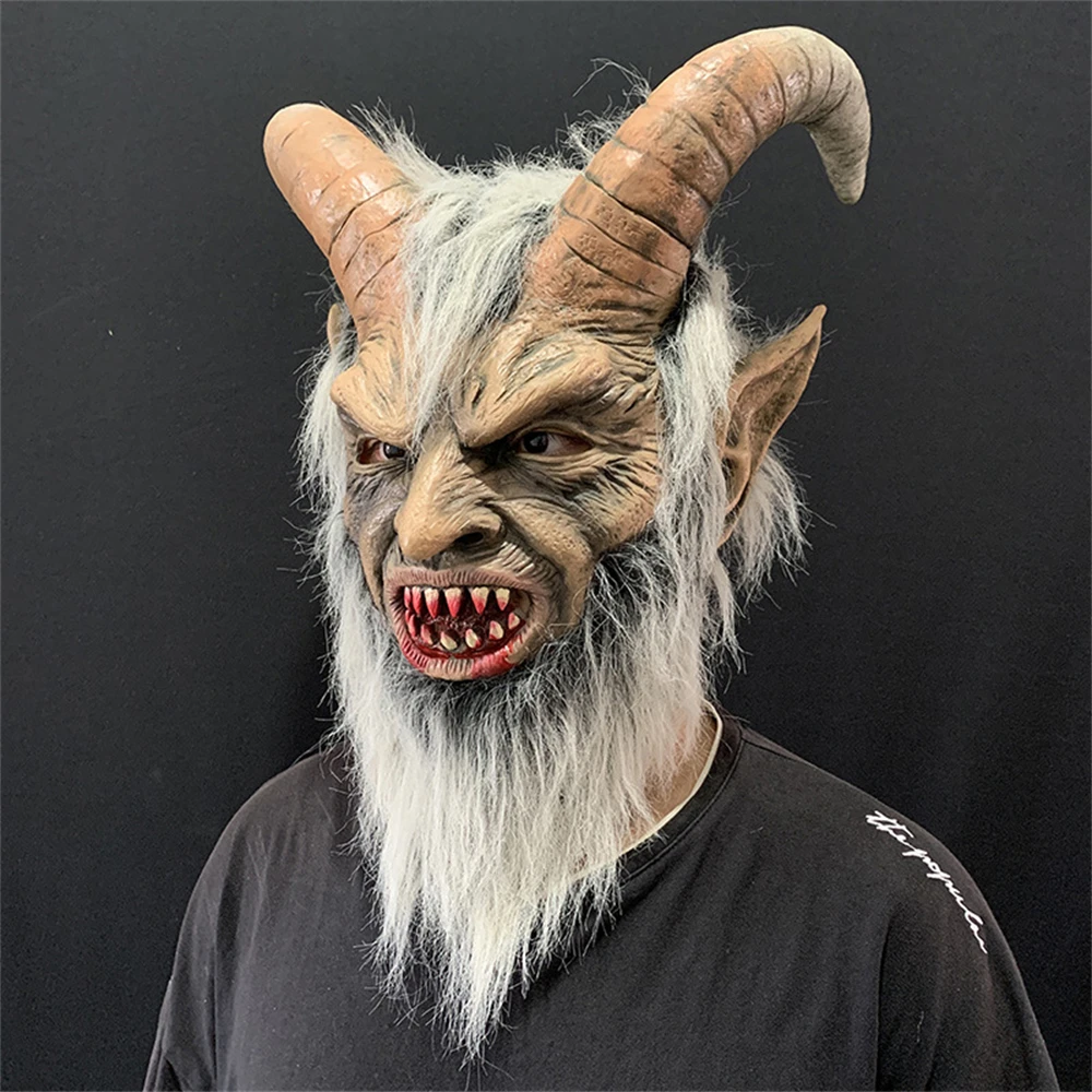 Men's Krampus Demon Mask Movie Cosplay Sheep's Horn Devil Head Cover Halloween Party Horror Dress Up Lucifer Demon