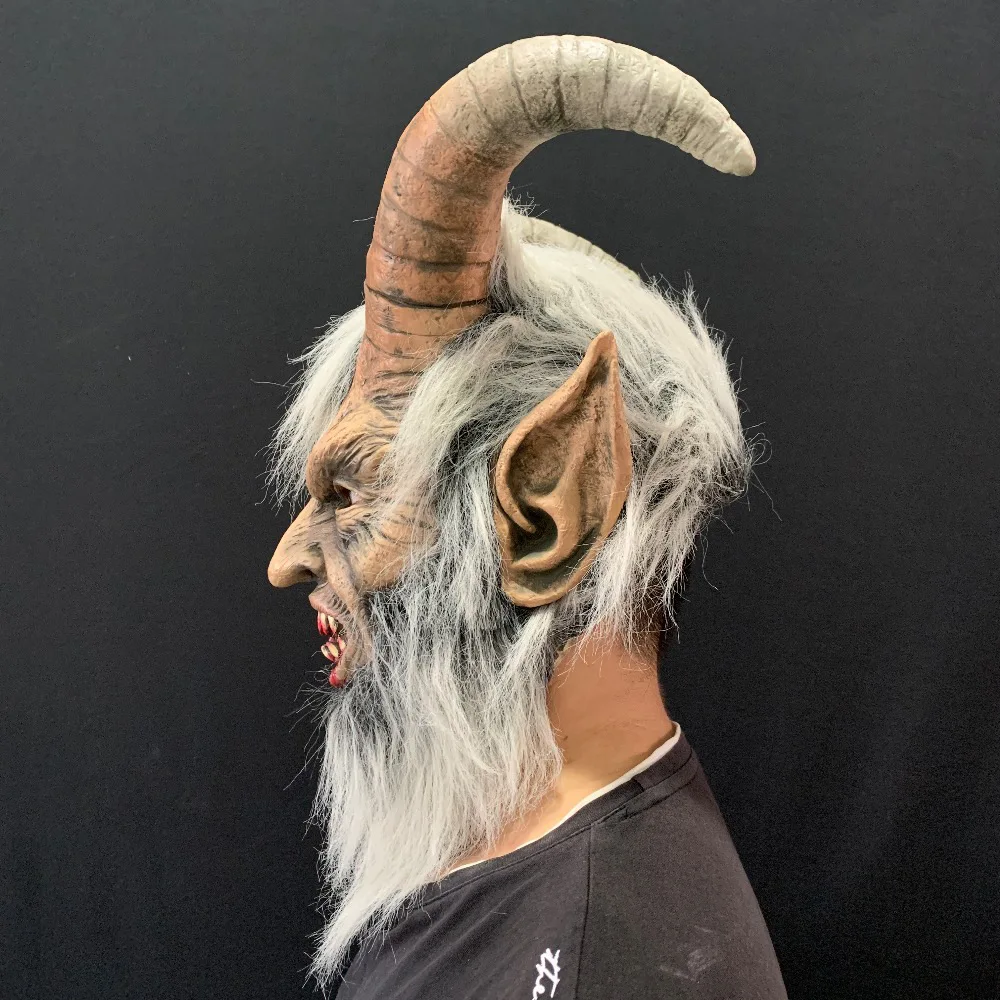 Men's Krampus Demon Mask Movie Cosplay Sheep's Horn Devil Head Cover Halloween Party Horror Dress Up Lucifer Demon