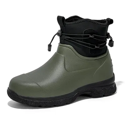 Men's Rain Shoes Leather Top Thick Sole High Top Anti Slip Water Shoes Outdoor Mountaineering Plush Warm Boots Work