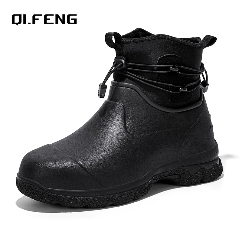 Men's Rain Shoes Leather Top Thick Sole High Top Anti Slip Water Shoes Outdoor Mountaineering Plush Warm Boots Work