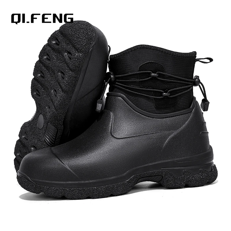 Men's Rain Shoes Leather Top Thick Sole High Top Anti Slip Water Shoes Outdoor Mountaineering Plush Warm Boots Work