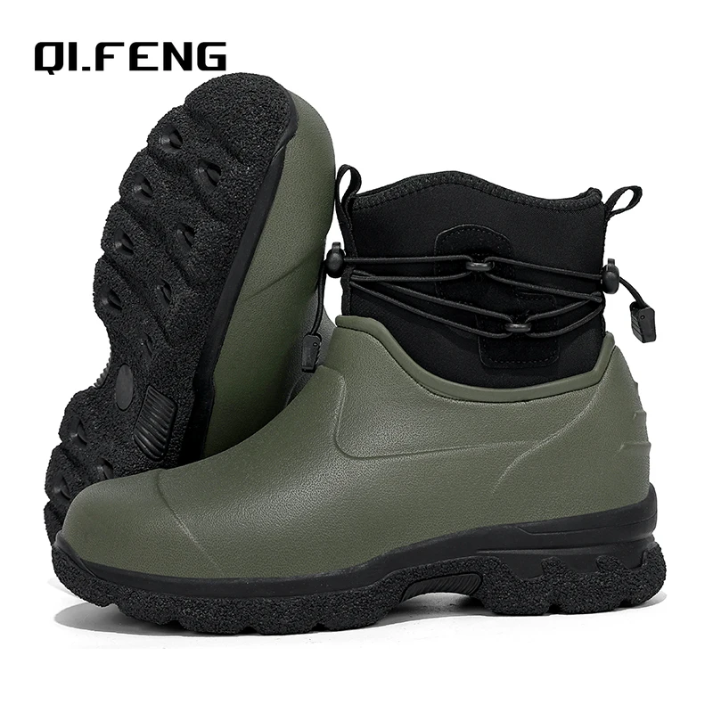 Men's Rain Shoes Leather Top Thick Sole High Top Anti Slip Water Shoes Outdoor Mountaineering Plush Warm Boots Work