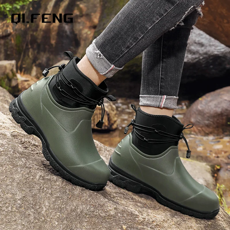 Men's Rain Shoes Leather Top Thick Sole High Top Anti Slip Water Shoes Outdoor Mountaineering Plush Warm Boots Work