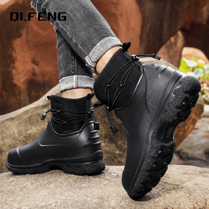 Men's Rain Shoes Leather Top Thick Sole High Top Anti Slip Water Shoes Outdoor Mountaineering Plush Warm Boots Work