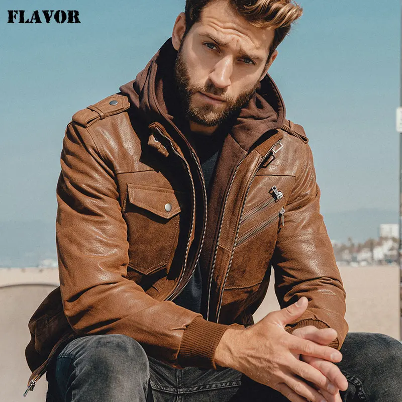 Men's Real Leather Jacket Men Motorcycle Removable Hood winter coat Men Warm Genuine Leather Jackets Men's Real Leather Jacket Men Motorcycle Removable Hood winter coat Men Warm Genuine Leather Jackets