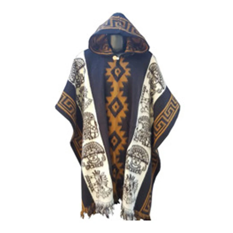 Men's Retro Casual Loose Hooded Knitted Shawl Ethnic Totem Long Wind Shoulder Coat