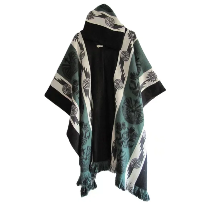 Men's Retro Casual Loose Hooded Knitted Shawl Ethnic Totem Long Wind Shoulder Coat