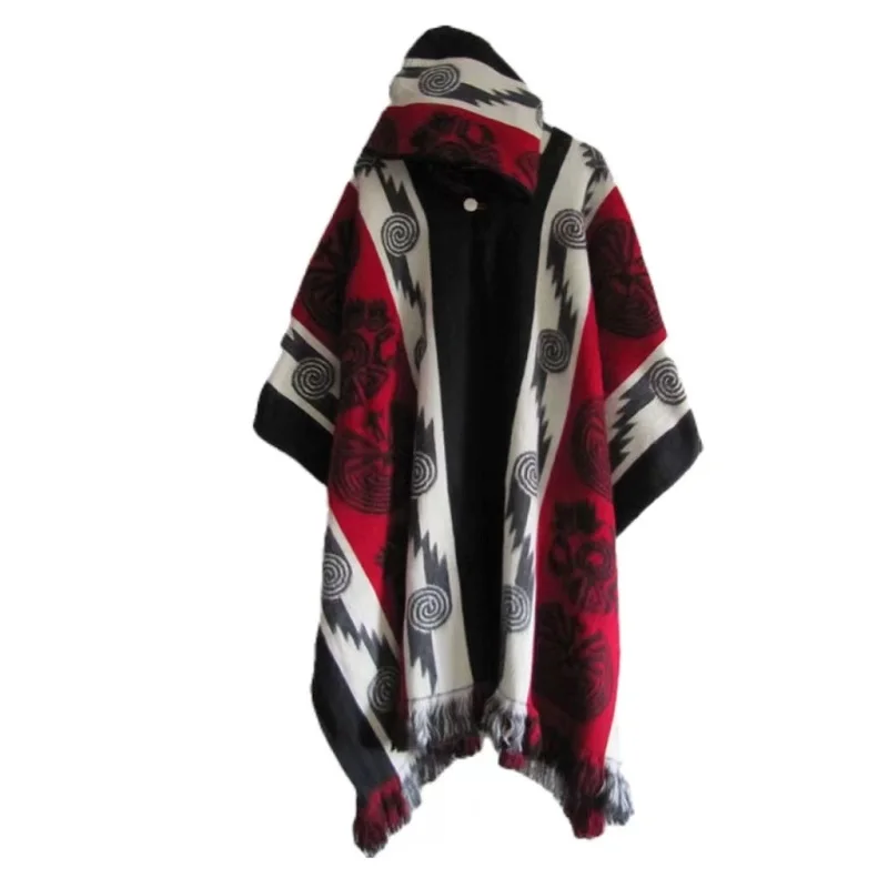 Men's Retro Casual Loose Hooded Knitted Shawl Ethnic Totem Long Wind Shoulder Coat
