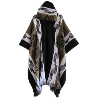Men's Retro Casual Loose Hooded Knitted Shawl Ethnic Totem Long Wind Shoulder Coat