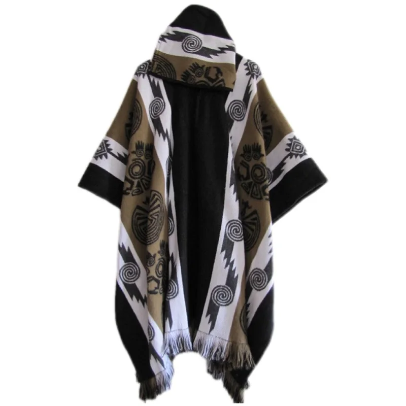 Men's Retro Casual Loose Hooded Knitted Shawl Ethnic Totem Long Wind Shoulder Coat