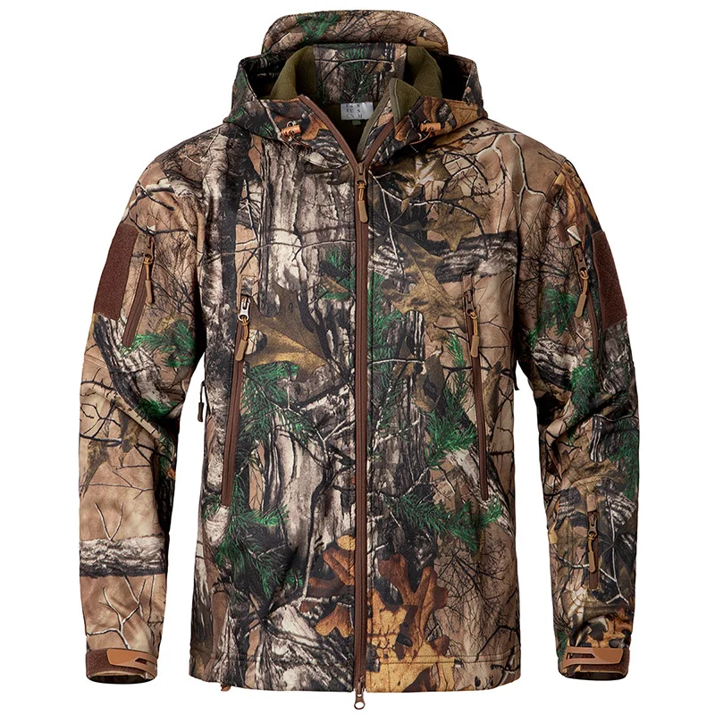 Men's Silent Soft Shell Camouflage Tactical Jacket Waterproof Warm Fleece Hunting Jackets Outdoor Hiking Fishing Hooded