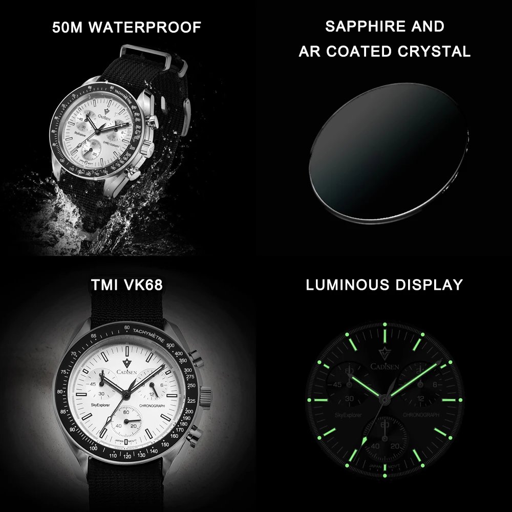Men's Watches Luxury Quartz Wrist Watch For Men Sapphire AR Coated Crystal Canvas VK68 Speed Chronograph Automatic