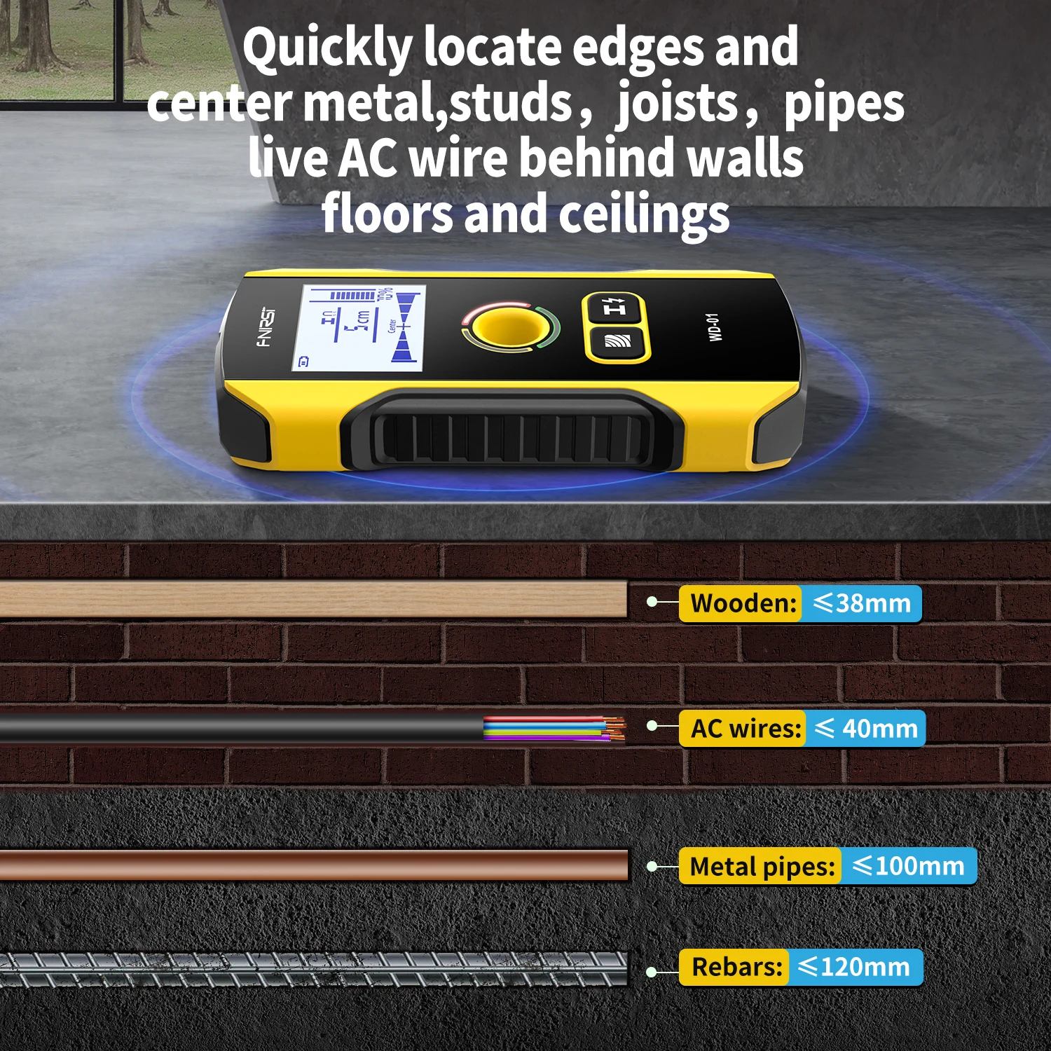 Metal Detector Wall Scanner with Newly Designed Positioning Hole for AC Live Cable Wires Metal Wood Stud Find Metal Detector Wall Scanner with Newly Designed Positioning Hole for AC Live Cable Wires Metal Wood Stud Find