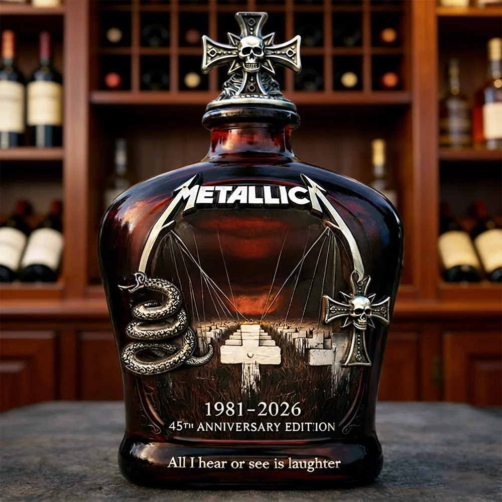 Metallica 45th Anniversary Limited Edition Whiskey Decanter – Rock Band Collectible Glass Bottle with Skull Cross Decor
