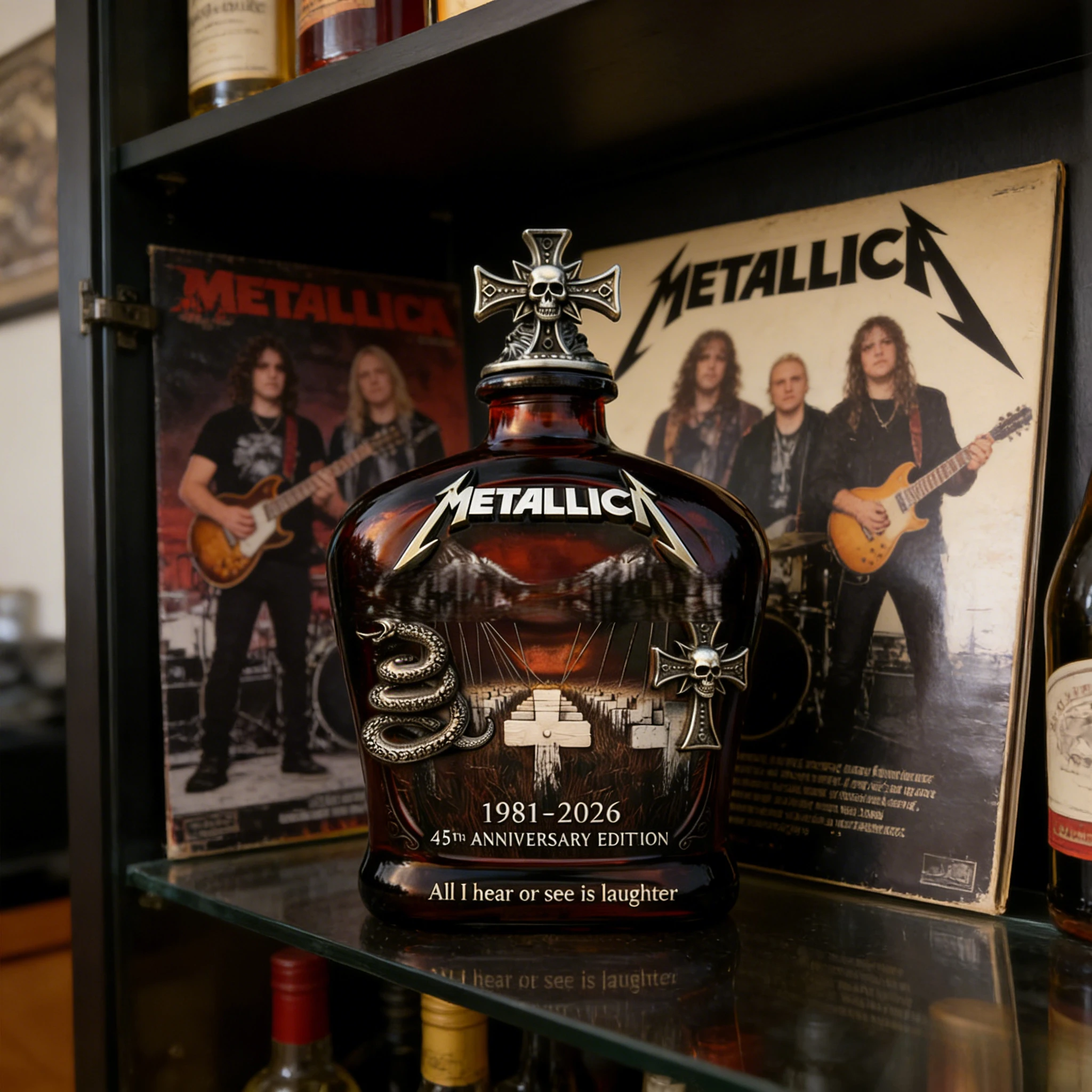 Metallica 45th Anniversary Limited Edition Whiskey Decanter – Rock Band Collectible Glass Bottle with Skull Cross Decor